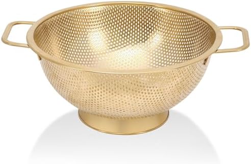 Gold Strainer for Kitchen, 5QT, Stainless Steel Colander with Handle for Fruits Vegetables Cooking Food, Dishwasher Safe