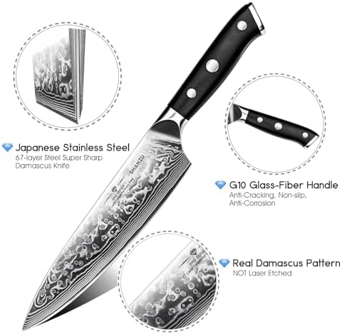 SHAN ZU Damascus Knife Set, Japanese Super Steel 3 PCS Damascus High Carbon Professional Ultra-Sharp Kitchen Chef Knife Set with G10 Handle Gift Box