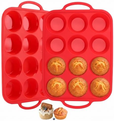 Redfly Silicone Muffin Pans for Baking 12 Cup with Metal Reinforced Frame, Nonstick 2Pack Regular Size Cupcake Pan, BPA Free Food Grade, Easy Release, Dishwasher Oven Freezer Safe for Egg Bite Molds