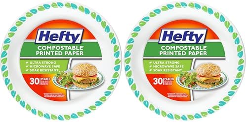 Hefty Compostable Paper Plates, 8.6 Inch, 30 Count, Patterned Disposable Plates for BBQs, Parties, Holidays, and Daily Use, Soak-Resistant, Made with Plant-Based Materials, Microwave Safe (Pack of 2)