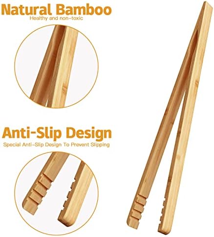 DUJEN 2 Pieces Bamboo Toast Tongs, 10.2 Inches Long Wood Toaster Tongs with Anti-slip Design, Tongs for Cooking with Cooking Oil Coating