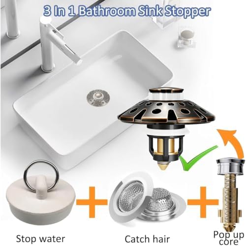 AzWzz Bathroom Sink Drain Strainer, 3 in 1 Pop Up Bathroom Sink Stopper