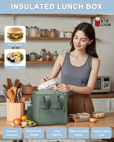 Capolo Lunch Bag for Women,Large Insulated Lunchbox Tote Reusable,L-Green