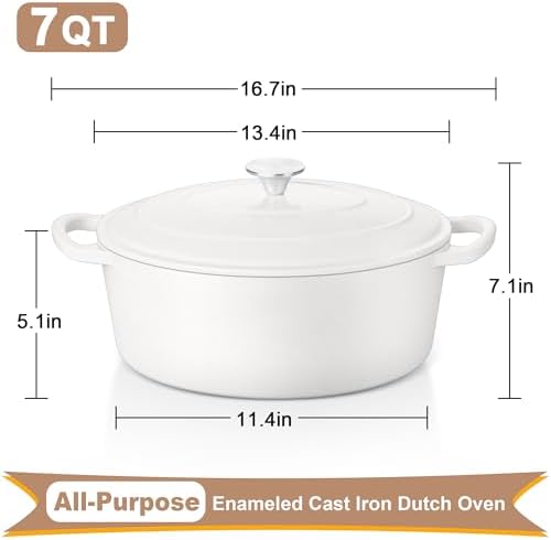E-far 7QT Oval Dutch Oven Pot with Lid, White Enameled Cast Iron Dutch Oven