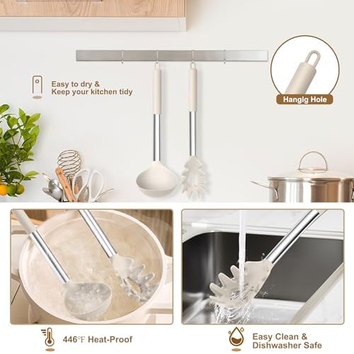TeamFar Silicone Pasta Fork and Ladle, Nonstick Kitchen Utensils, Khaki