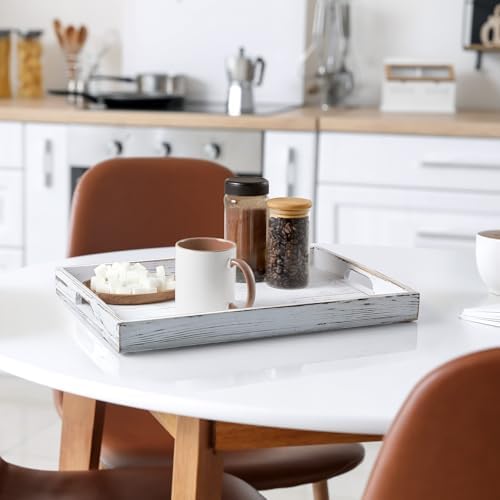 17 Inch Rustic White Serving Tray with Handles - Large Wooden Tray for Ottoman, Breakfast in Bed, Dinner, Coffee Table - Decorative Rectangular Tray for Living Room Bedroom Entryway and Kitchen Decor