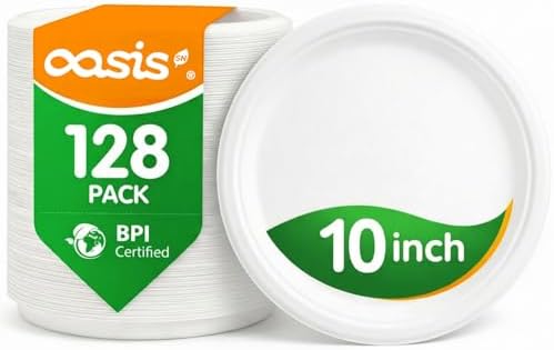 10 Inch Paper Plates 128 Pack, Heavy Duty Disposable Dinner Plates, Large Compostable Sugarcane Bagasse Plates, Leak Resistant, Cut Resistant, Microwave Safe, White