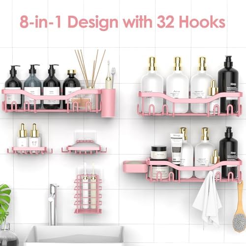 NESOMI Shower Caddy Adhesive Shower Organizer 8-Pack, Rustproof Stainless Steel Bathroom Shelves, Large Capacity No-Drill Rack Storage Accessories with Soap Dish Toothbrush Holder Hooks