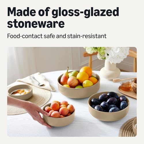Amazon Basics Ceramic Serving Bowls Set Of 3, Glazed Stoneware (6", 8" & 10"), Nestable Space-Saving, Stain-Resistant, Microwave & Dishwasher-Safe, Linen Gray