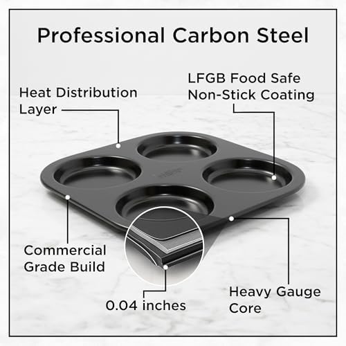Wrenbury Jumbo Whoopie Pie Pan 4 Cup - Large Muffin Top Pan Heavy Gauge Shallow Carbon Steel Baking Tray for Burger Buns Yorkshire Pudding Cornbread - PFOA Free Nonstick