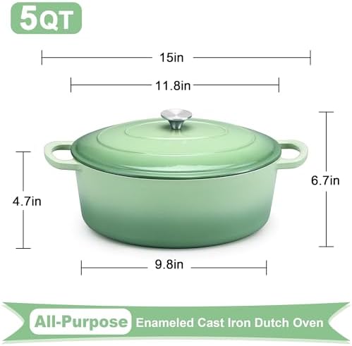 E-far 5QT Oval Dutch Oven Pot with Lid, Green Enameled Cast Iron Dutch Oven