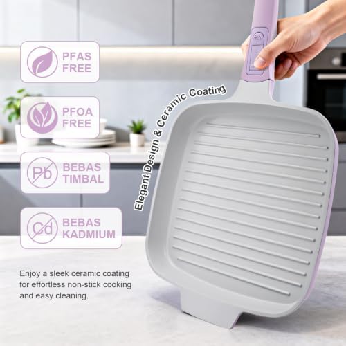 RANX INGST Nonstick Ceramic Griddle Pan with Lid, 10 Inch Steak Pan- Purple