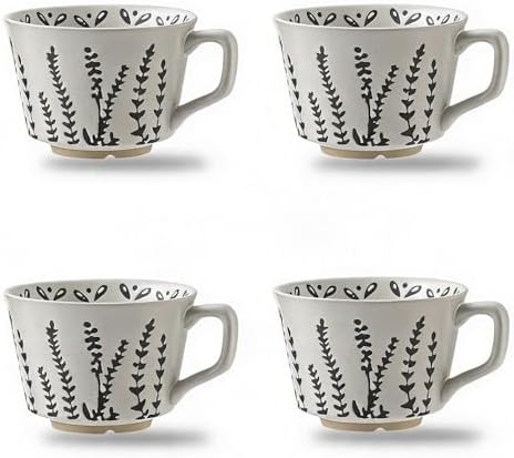 4 Pack 12oz Speckled Stoneware Coffee Mugs, Vintage Black Seaweed Botanical Ceramic Tea Cups, Rustic Hand Drawn Floral Drinking Mugs, Microwave Dishwasher Safe, Gift Set for Coffee Lovers
