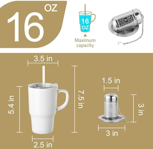 Sweejar Ceramic Tea Cup with Lid, 16 OZ Portable Coffee Mug, Dishwasher Safe Travel Mug with Infuser, Reusable Teacup for Car Cup Holder, Tea Lovers(White)