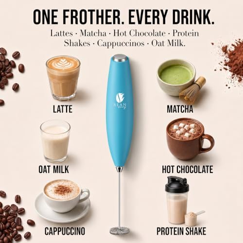 Bean Envy Milk Frother Handheld - Coffee Mixer Wand with Stand - Light Blue