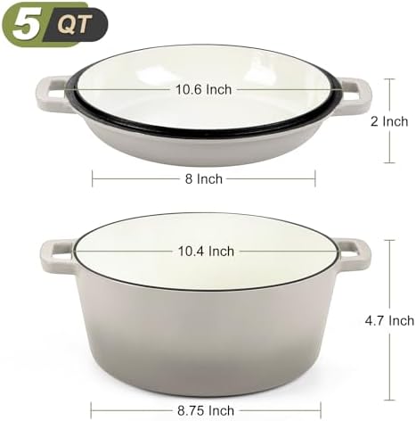 P&P CHEF 2 In 1 Khaki Dutch Oven Pot with Lid for Bread Baking, 5Qt