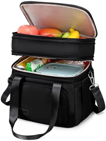 MAPLELILY Lunch Box for Men Women - Double Deck Insulated Lunch Bag, Large Leak Proof Tote Cooler, Wide Open Dual Compartment Lunch Bags with Shoulder Strap, For Work Picnic Hiking Beach, Black