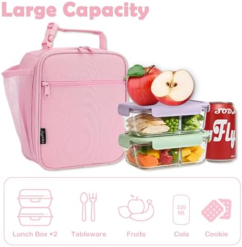 FlowFly Kids Lunch box Insulated Soft Bag Mini Cooler Back to School Thermal Meal Tote Kit for Girls, Boys, Pink