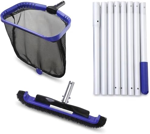 All-in-One Swimming Pool Cleaning Kit, Heavy Duty Deep Leaf Skimmer Net with Pool Brush Head, Adjustable Pole, Pool Cleaning Set for Inground/Above Ground Pools and Ponds