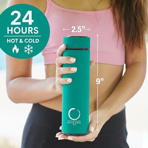 Pure Zen Tea Insulated Tea Infuser Bottle, 15 oz, Tea Thermos with Infuser