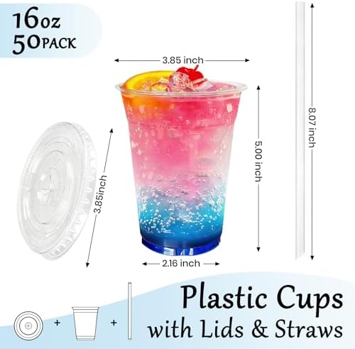 16oz 50 Pack Plastic Cups with Lids and Straws