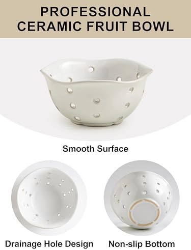 Gomakren Ceramic Berry Basket Set of 2, Floral Fruit Bowl with Holes, White