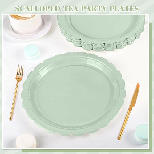 NatNarr 30 Pcs Sage Green Paper Plates 9 Inch Disposable Scalloped Wedding Plates Cute Dessert Cake Plate Party Dinner Plate for Bridal Baby Shower Engagement Reception Birthday (Pack of 3)