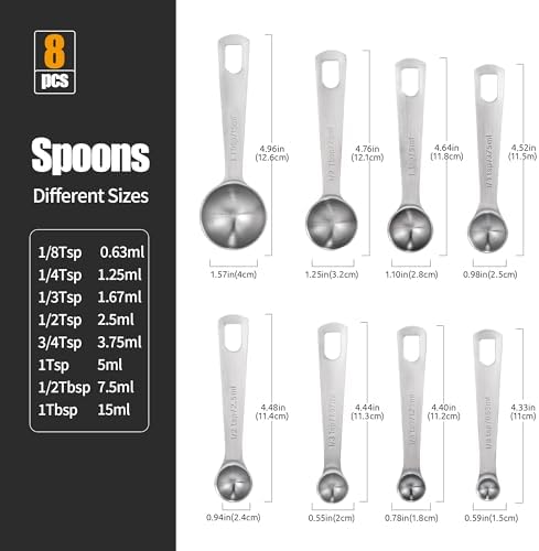 Doosu 18/8 Stainless Steel Measuring Spoons with Engraved Metric (Set of 8)