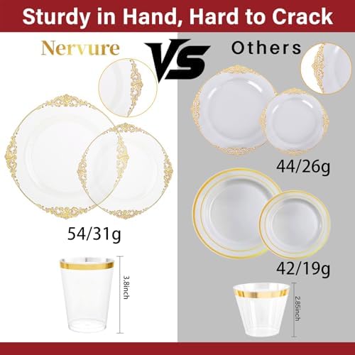 Nervure 350Pcs Clear Gold Plastic Plates, Dinnerware Sets for 50 Guests