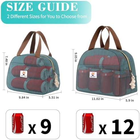 CaCTOUR Large Lunch Box for Women, Cute Lunch Box Cooler Bag, Portable Insulated LunchBox Reusable Corduroy Lunch Tote for Work/Travel/Picnic (Lake Green)