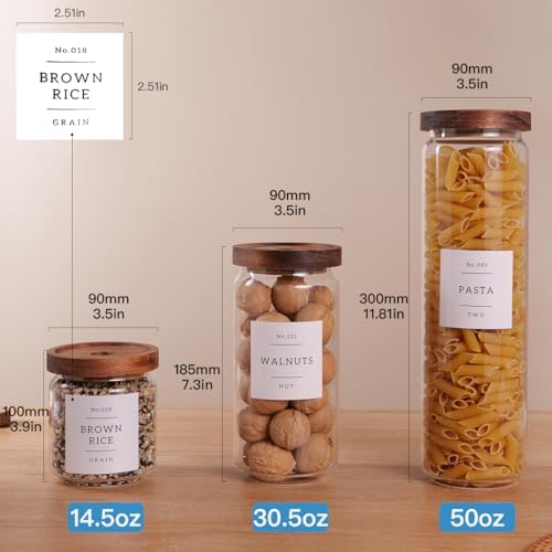 5 Set Glass Pantry Storage Jars with Acacia Airtight Lid - Thicken Glass Kitchen Canisters with 132 Pantry Labels - Clear Glass Food Storage Containers with Wood Lid for Tea,Sugar,Candy,Cookie,Pasta