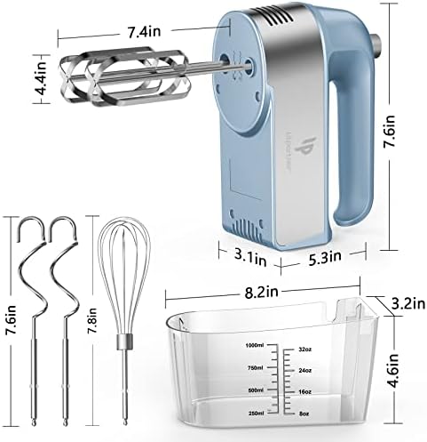 Hand Mixer Electric, 450W Kitchen Mixers with Scale Cup Storage Case, Turbo Boost/Self-Control Speed + 5 Speed + Eject Button + 5 Stainless Steel Accessories, For Easy Whipping Dough, Cream, Blue