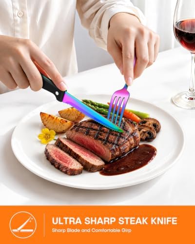 EUIRIO 24 Piece Rainbow Silverware Set with Steak Knives Stainless Steel Flatware Set for 4 Cutlery Utensil Set Includes Knife Mirror Polished Dishwasher Safe for Home Restaurant