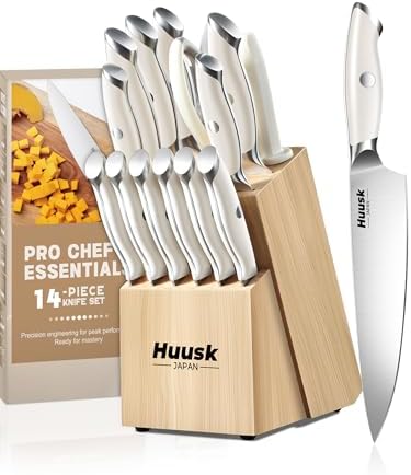 Huusk Knife Set with Block - Chef Knife with Natural Block Ivory White 14PC