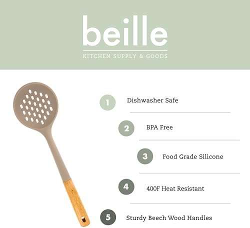 Beille 1pc Beech Wood and Silicone Skimmer Kitchen Utensils Cooking Baking Supplies Home Essentials, Light Grey