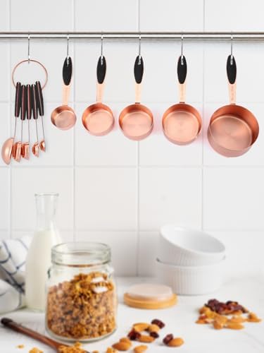 Joyhill Copper Measuring Cups and Spoons Set of 10 Piece, Stainless Steel Nesting Measuring Cup Set with Soft Touch Silicone Handles for Dry and Liquid Ingredients