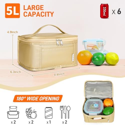 NOL Small Lunch Bag Mini Lunch Box Insulated Lunch Bag for Men/Women Leakproof Cooler Tote Bag Lightweight Nylon Waterproof Lunch Box For Work,Gold