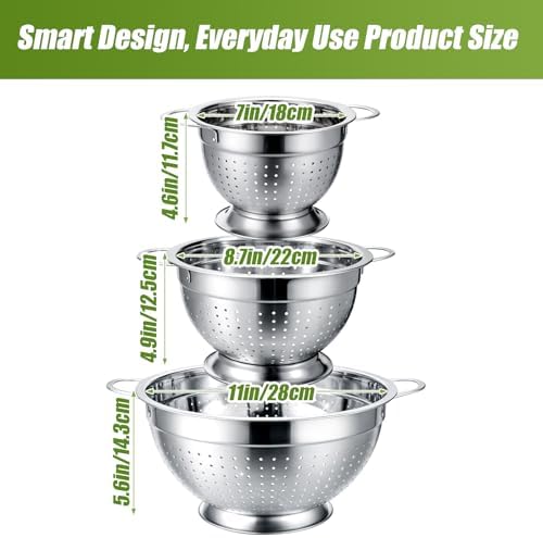 Palksky Stainless Steel Colander Set of 3, Nesting Metal Strainers with Handles and Raised Base, 7/8.7/11 Inch Kitchen Colanders for Pasta, Vegetables, Fruit, Rice, Salad and Meal Prep