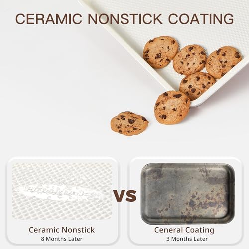 HONGBAKE 3 Pack Nonstick Ceramic Baking Sheet Pan Set for Oven, Non-Toxic Half/Quarter/Jelly Roll Pans with Diamond Texture, 0.8mm Aluminized Steel Cookie Trays for Cooking, Cream