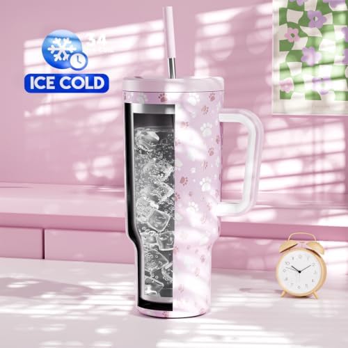 Meoky Glow in the Dark Tumbler: 40 oz Tumbler with Handle and Straw- Stainless Steel Insulated Tumbler for Car Cup Holders - Travelers Commuters Workers (1 Pack, Paw)