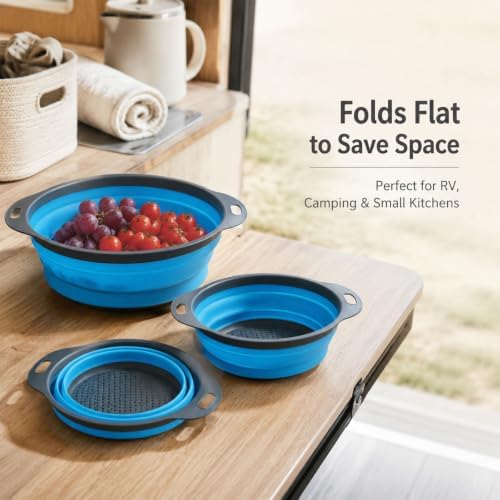 Collapsible Colander Set, 3 Pack Silicone Kitchen Strainer Set, Space Saving Design, Small Round Colander Baskets for Draining Pasta, Vegetable and fruit, (2Qt+3Qt+5Qt)