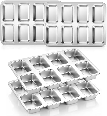 LIANYU 8 Cavity Small Loaf Pan, One-Piece Bread & Cake Baking Tray, 4 Pack