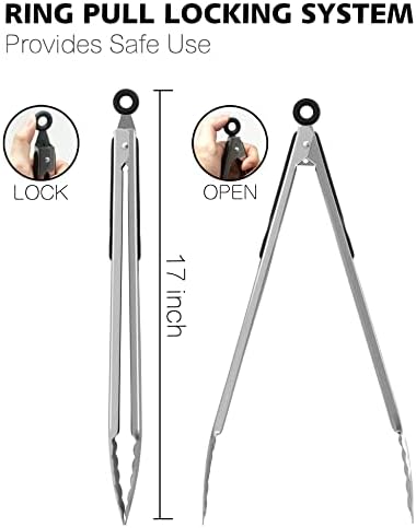 Anaeat Extra Long Stainless Steel Grilling Locking Tong, 17" Sturdy Coiled Spring Kitchen Food Tong with Non-Slip Silicone Grip for BBQ, Baking, Cooking - Heat Resistant up to 480°F (Black)