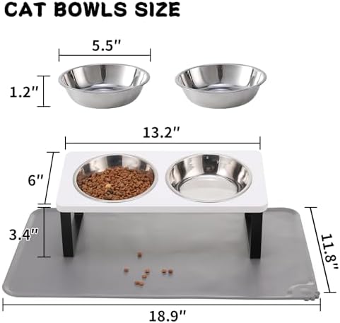 Summark Upgraded Elevated Cat Bowls with Food Mat,15°Tilted Stand Anti Vomiting Raised Cat Dishes for Food and Water,2 Stainless Steel Bowls for Cats and Puppy（White）