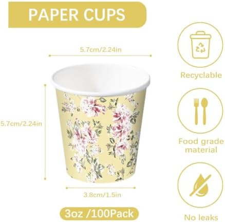 RUSPEPA 3oz Vintage Floral Paper Cups, 100 Pack Yellow Pink Flower and Green Vine Design Disposable Small Party Cup for Bathroom, Mouthwash, Espresso, Wedding, Bridal Shower, Garden Tea Party Supplies