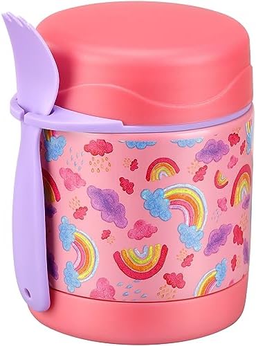 10oz Soup Thermo for Hot Food Kids,Lunch Thermo Kids Food Jar with Spoon Hot Insulated Food Containers,Leak Proof Stainless Steel Wide Mouth Lunch Thermo Jar for School(Pink-Rainbow)