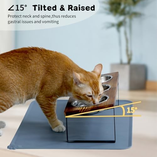 Summark Upgraded Elevated Cat Bowls with Food Mat,15°Tilted Stand Anti Vomiting Raised Cat Dishes for Food and Water,3 Stainless Steel Bowls for Cats and Puppy（Rustic Brown）