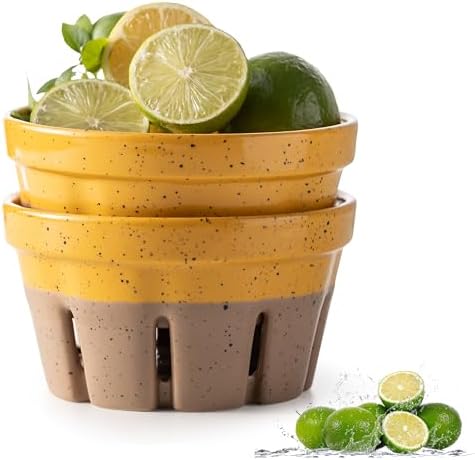 Gomakren Ceramic Berry Bowl Set of 2 Harvest Fruit Basket, Yellow + Brown