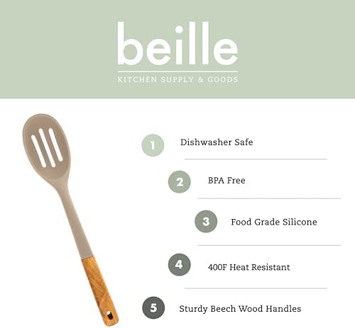 Beille 1pc Beech Wood and Slotted Silicone Cooking Spoon Kitchen Utensils Baking Supplies Home Essentials, Light Grey
