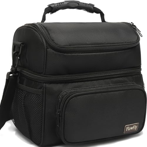 FlowFly Double Layer Cooler Insulated Lunch Bag Adult Lunch Box Large Tote Bag for Men, Women, With Adjustable Strap,Front Pocket and Dual Large Mesh Side Pockets